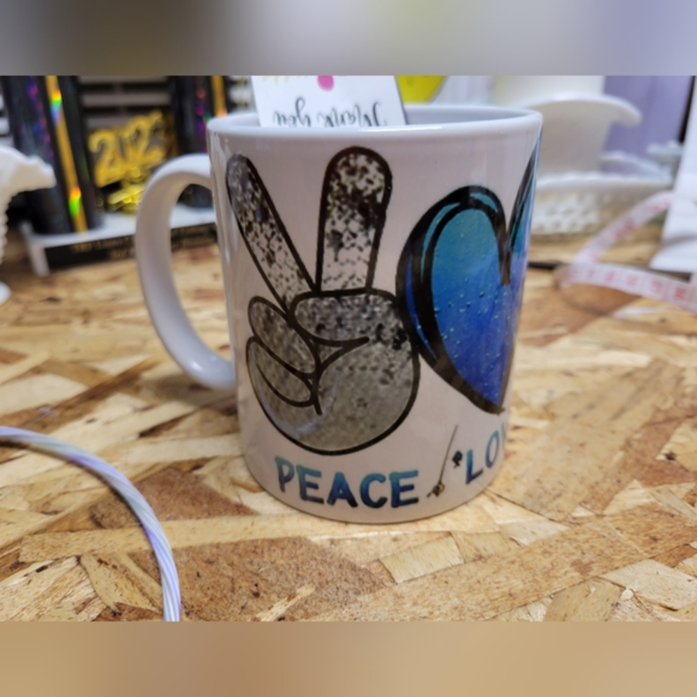 New Handmade Sublimated Coffee Mug Peace Love Fishing